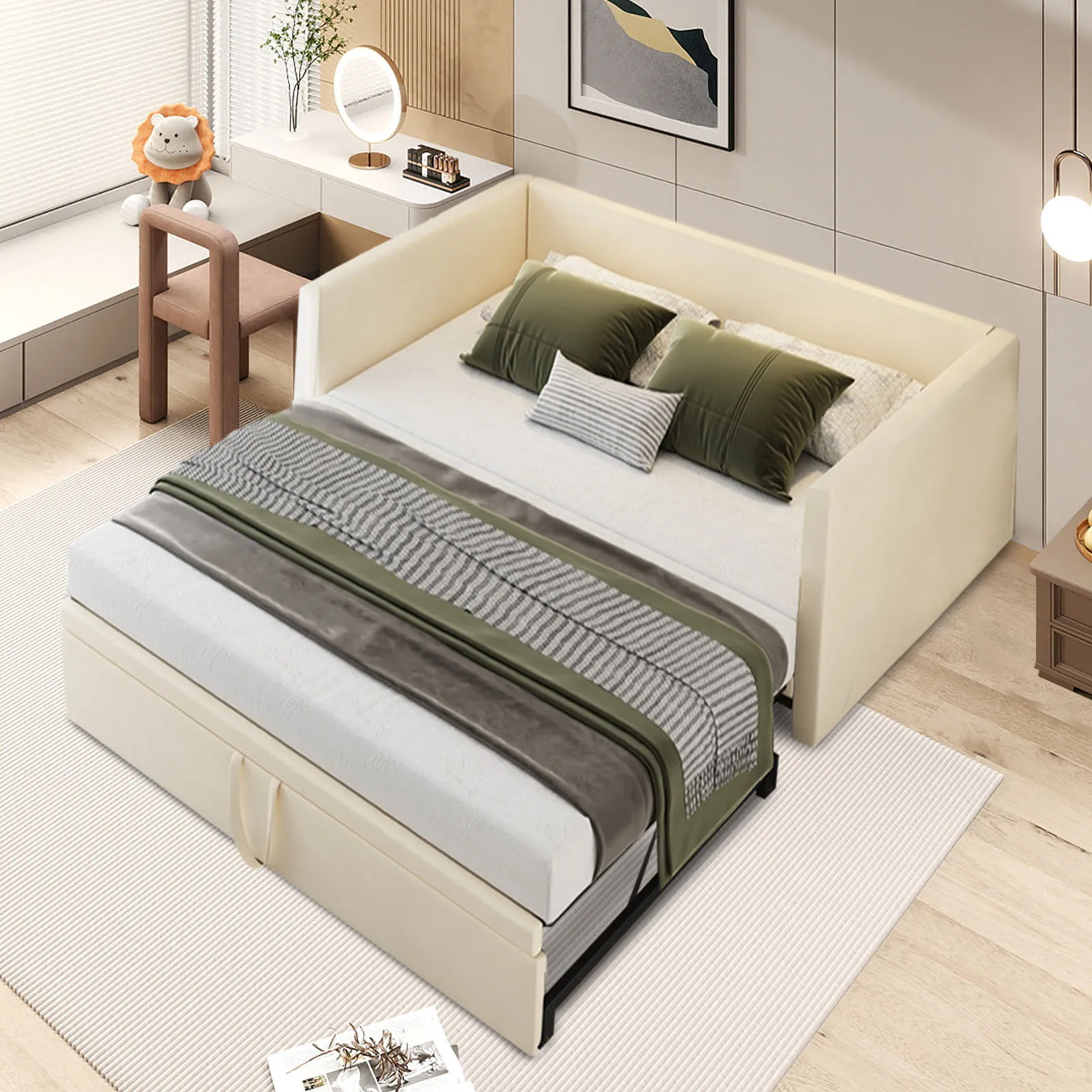 Canapé-lit Gigogne extensible 90/180x200 cm, cadre métal, Sommier à lattes, velours beige capitonné, Gain de place - Image 5