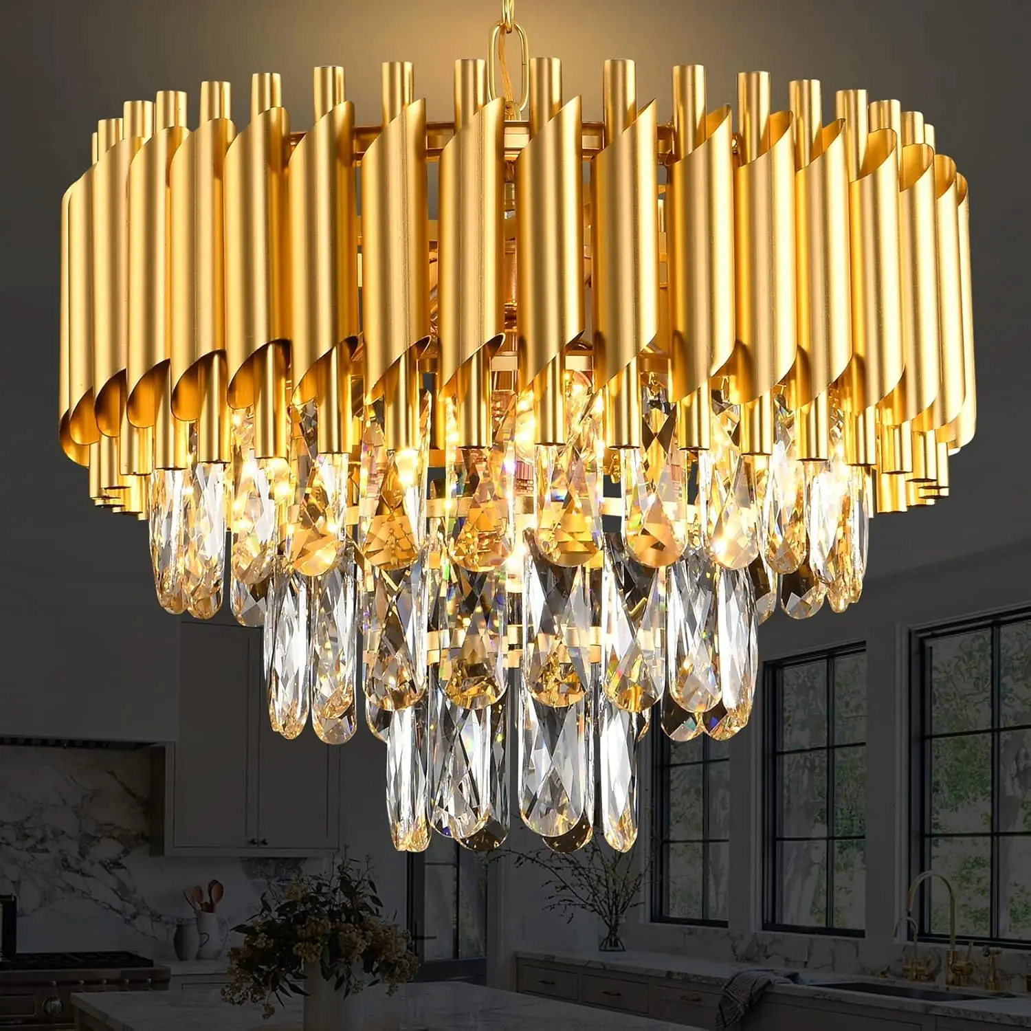 Modern Gold Crystal Chandelier, Luxury 3-Tier K9 Crystal Chandelier for Dining Room/Living Room/Kitchen Island/Bedroom