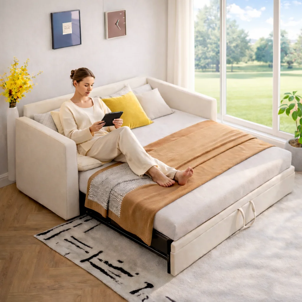 Canapé-lit Gigogne extensible 90/180x200 cm, cadre métal, Sommier à lattes, velours beige capitonné, Gain de place - Image 2
