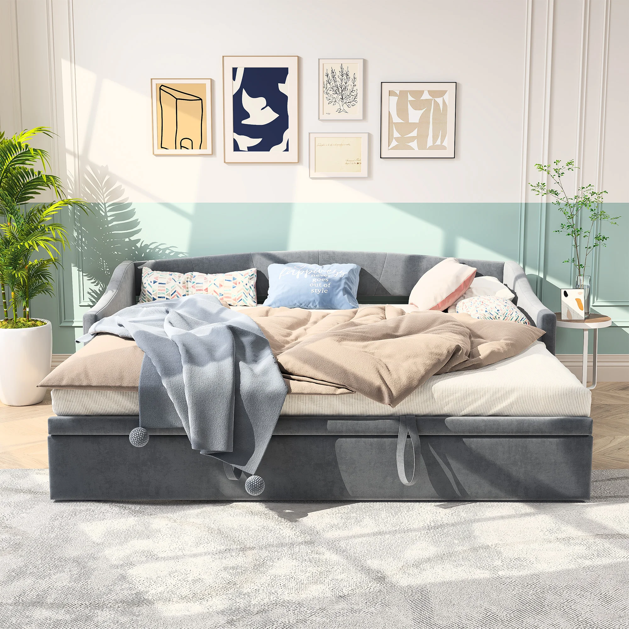 Lit Gigogne extensible 90/180x200 cm, canapé-lit capitonné, cadre métallique, Sommier à lattes, velours gris, style scandinave m - Image 4