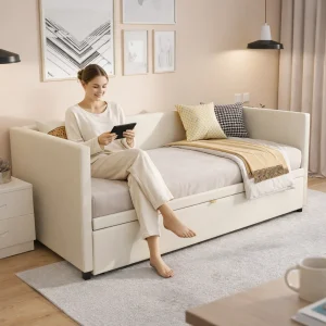 Canapé-lit Gigogne extensible 90/180x200 cm, cadre métal, Sommier à lattes, velours beige capitonné, Gain de place