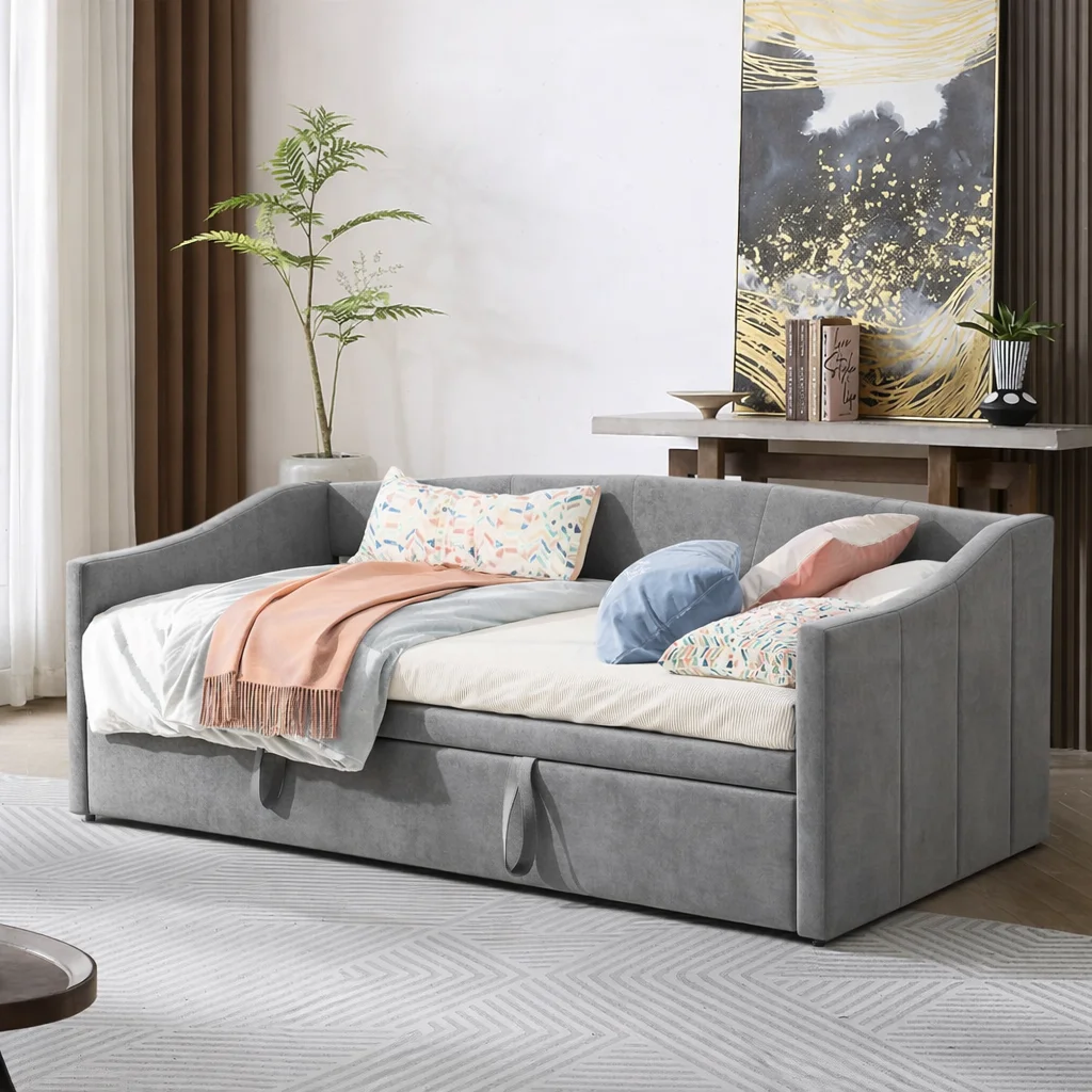 Lit Gigogne extensible 90/180x200 cm, canapé-lit capitonné, cadre métallique, Sommier à lattes, velours gris, style scandinave m