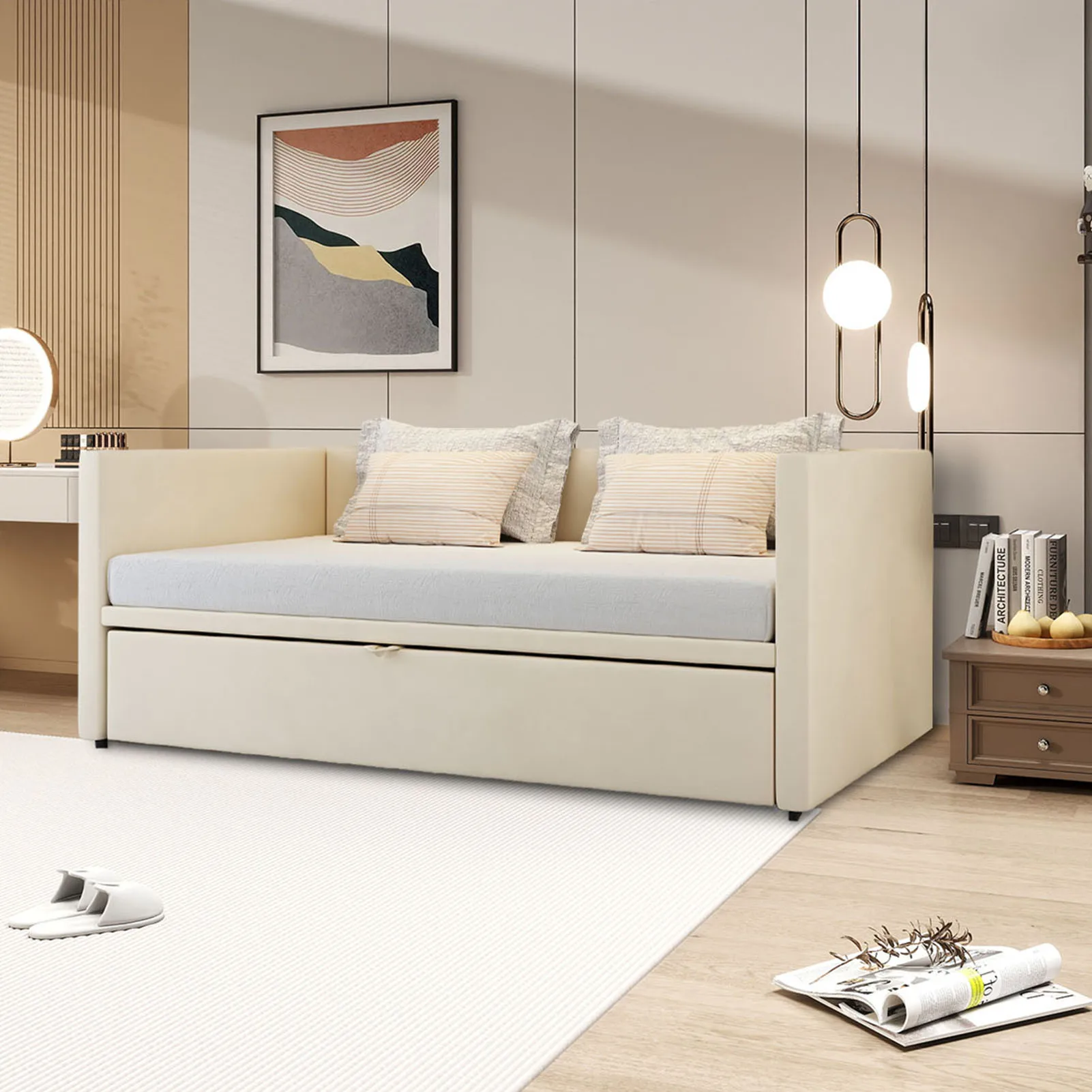 Canapé-lit Gigogne extensible 90/180x200 cm, cadre métal, Sommier à lattes, velours beige capitonné, Gain de place - Image 4