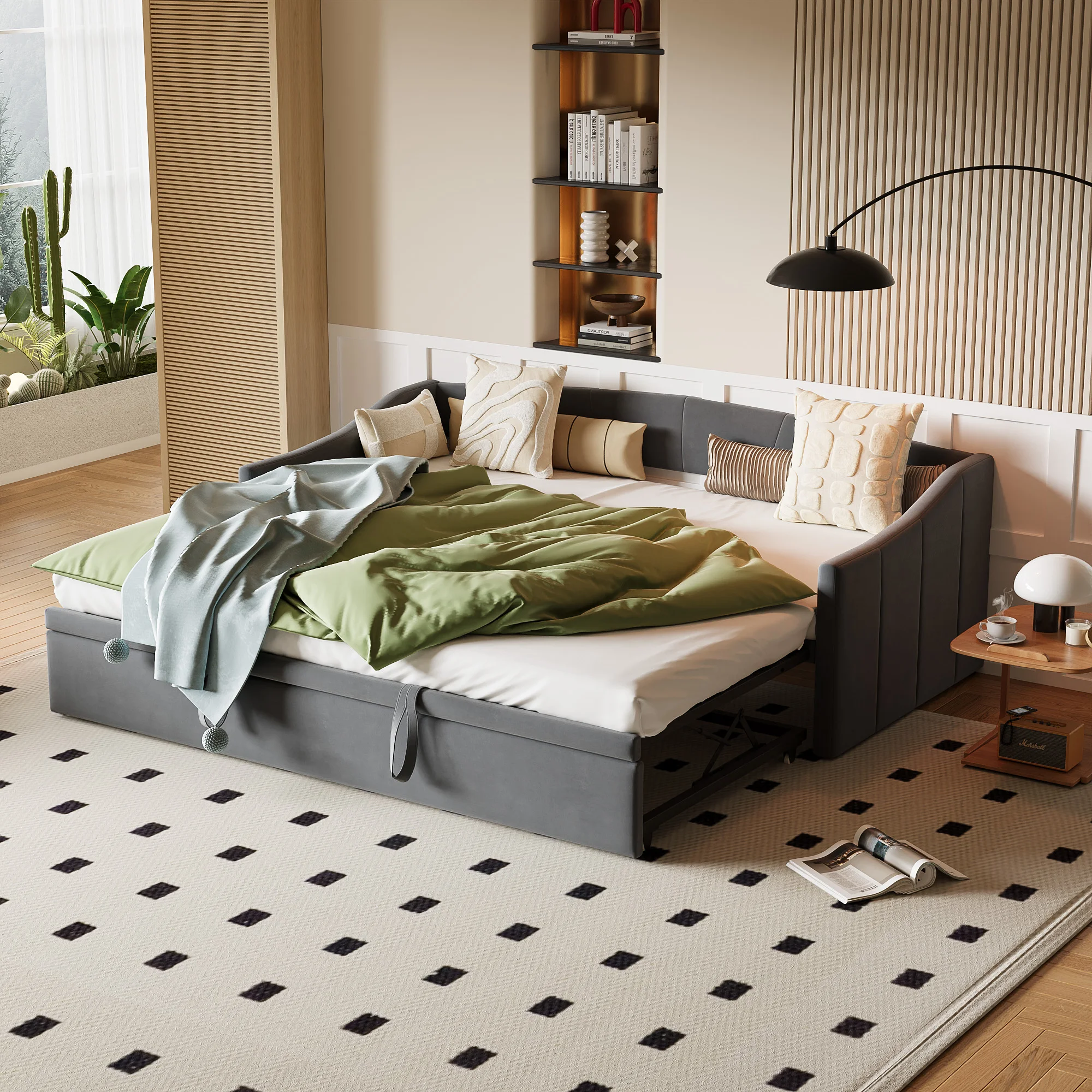 Lit Gigogne extensible 90/180x200 cm, canapé-lit capitonné, cadre métallique, Sommier à lattes, velours gris, style scandinave m - Image 3