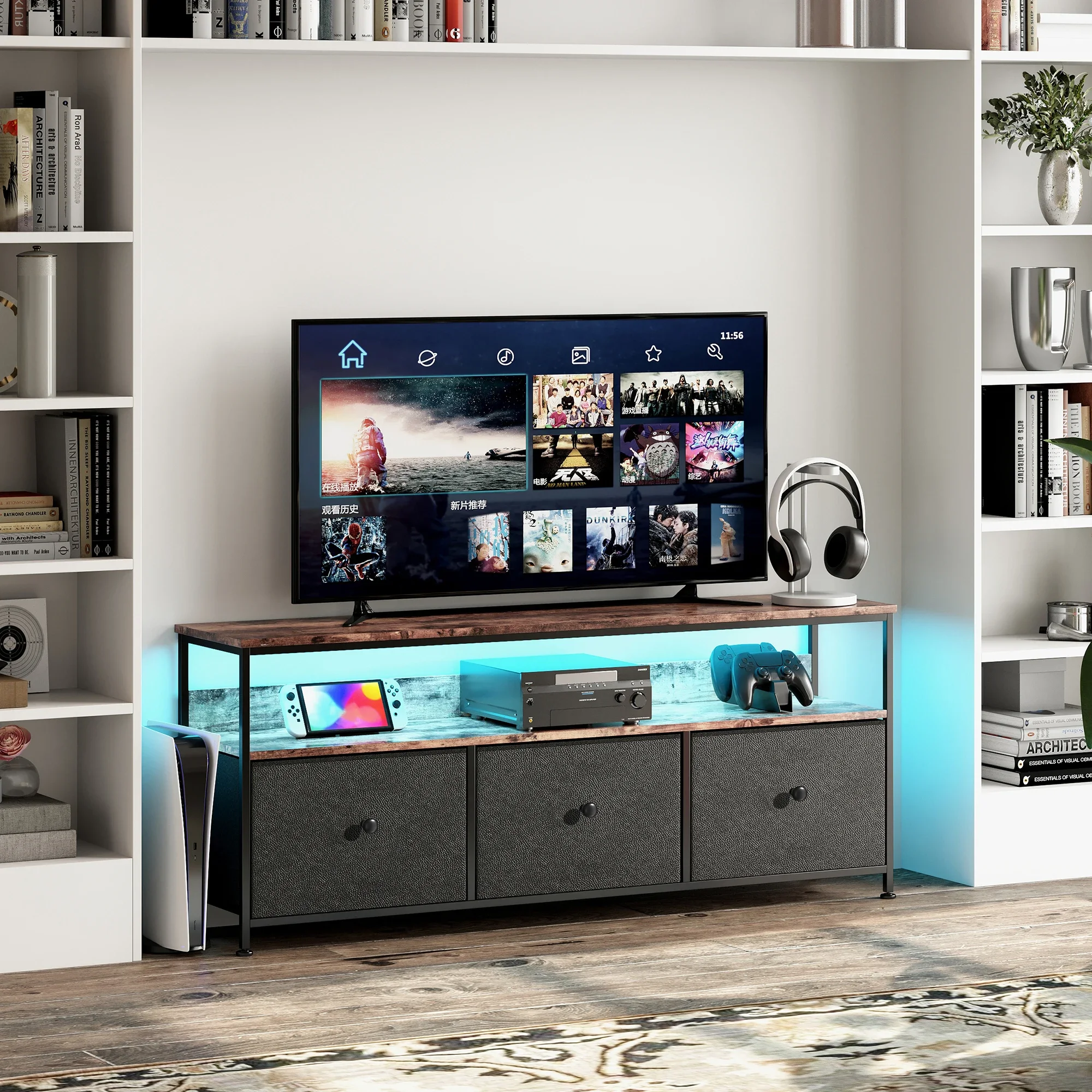 Anajqaqia TV Cabinet, LED Colour Changing TV Cabinet with 3 Drawers, TV Table, with Open Storage Space for Living Room, Bedroom - Image 2