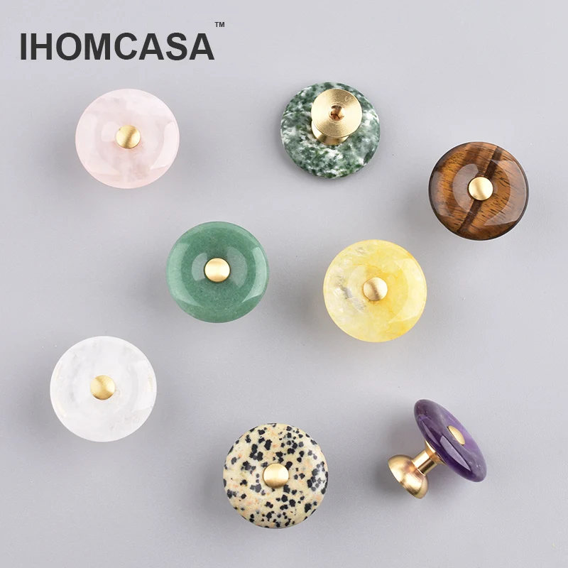 L050 30mm Round Natural Agate Stone Cabinet Door Knob Furniture Drawer Door Handle Wardrobe Cupboard Dresser Cabinet Pulls Brass - Image 5