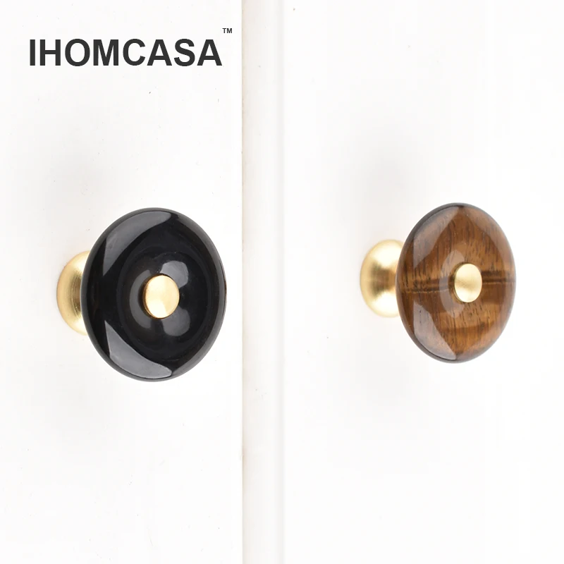 L050 30mm Round Natural Agate Stone Cabinet Door Knob Furniture Drawer Door Handle Wardrobe Cupboard Dresser Cabinet Pulls Brass