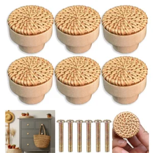 2/4/8/12pcs Rattan Braided Round Handle Knob, Wooden Handle, For Kitchen Living Room Bedroom Closet Cabinet