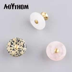 AOYIHOM 30mmRound Agate Stone Furniture Handle Dresser Drawer Door Knob Brass Gold Crystal Cabinet Pulls Kitchen Cupboard Handle