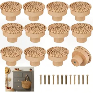 12pcs Bohemian Rattan Dresser Knobs, Round Wooden Drawer Knobs With Handmade Wicker Weave And Screws For Furniture, Cabinets, Dr