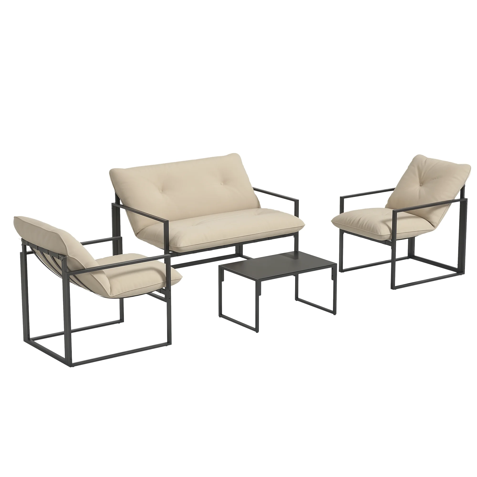 Outsunny 4-piece outside garden furniture for 4 people with 2-seat sofa, 2 armchairs and 1 low table 3 cushions garden furniture for terrace garden-black steel polyester beige