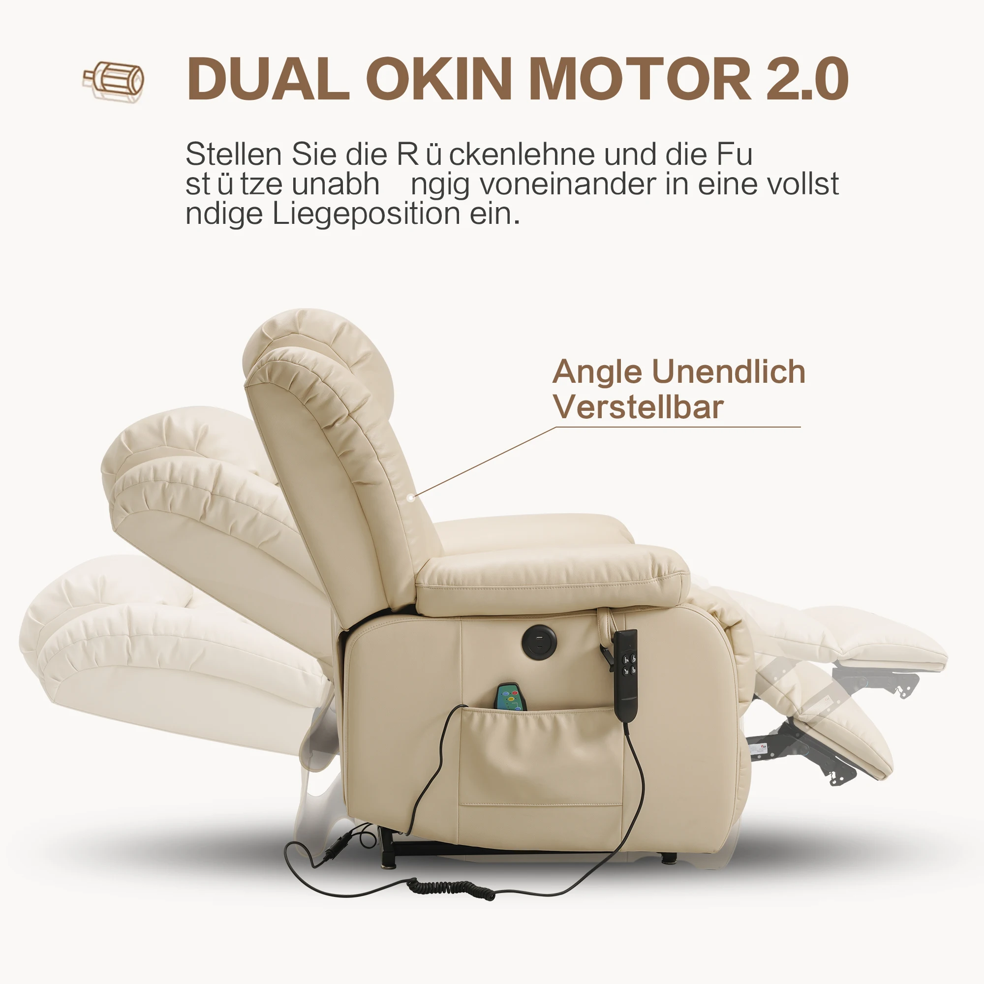 Navivi fauteuil inclinable électrique en cuir avec double moteur, Chaise de massage chauffage, élévateur, range ment - Image 2