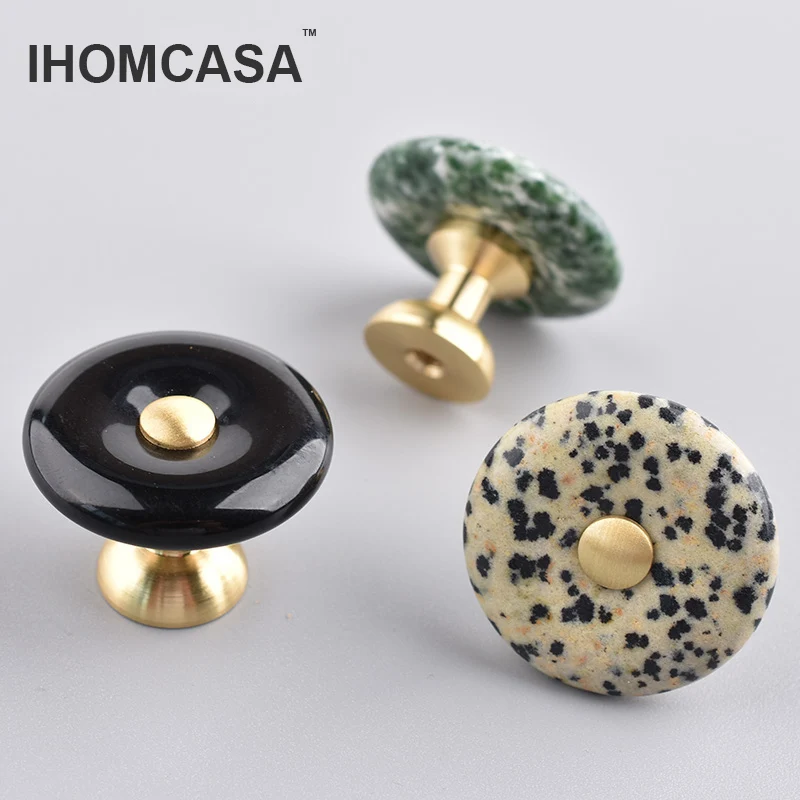 L050 30mm Round Natural Agate Stone Cabinet Door Knob Furniture Drawer Door Handle Wardrobe Cupboard Dresser Cabinet Pulls Brass - Image 3