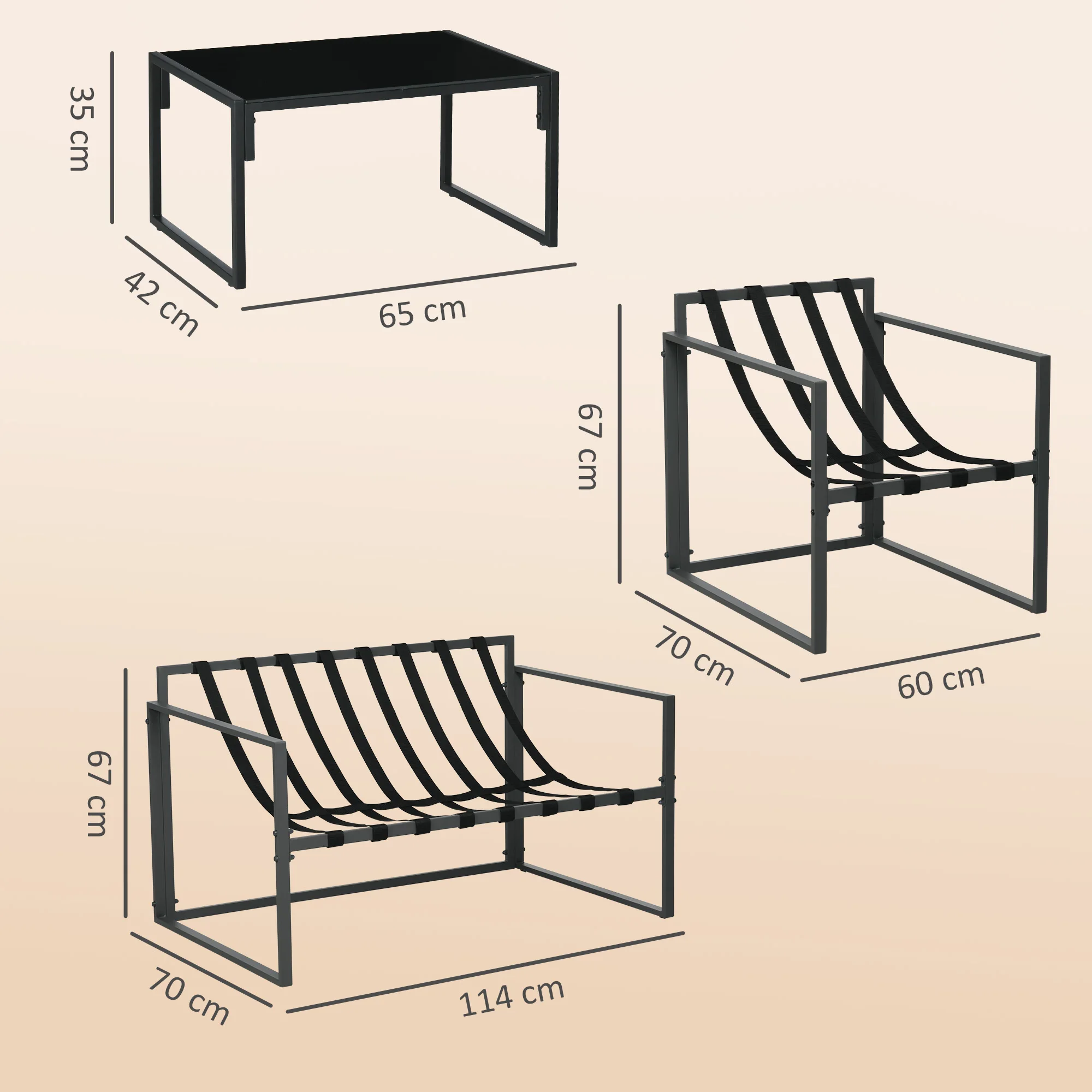 Outsunny 4-piece outside garden furniture for 4 people with 2-seat sofa, 2 armchairs and 1 low table 3 cushions garden furniture for terrace garden-black steel polyester beige - Image 5