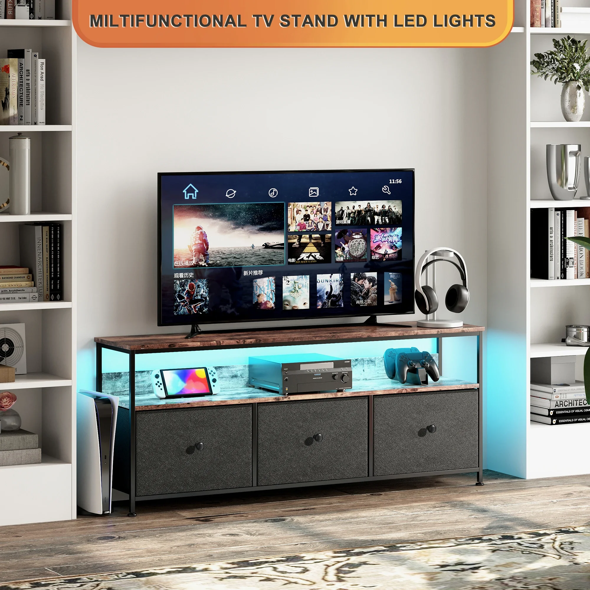 Anajqaqia TV Cabinet, LED Colour Changing TV Cabinet with 3 Drawers, TV Table, with Open Storage Space for Living Room, Bedroom - Image 5
