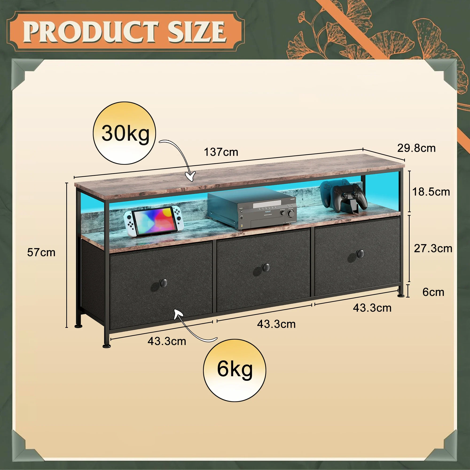 Anajqaqia TV Cabinet, LED Colour Changing TV Cabinet with 3 Drawers, TV Table, with Open Storage Space for Living Room, Bedroom - Image 3