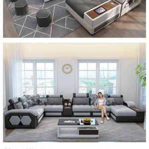 Linlamlim U-Shaped Sectional Fabric Sofa Set - Modern Living Room Furniture with Storage, Built-in Side Table, USB, and Cushions
