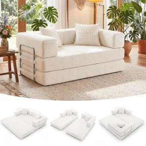 Foldable 2-Seater Sofa Bed 160 cm Wide, Modular Floor Corduroy Cloud Sofa with Metal Frame, Non-Slip & Washable Cover (Cream)