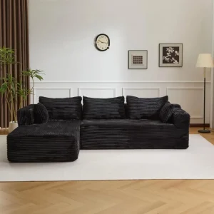 Black Modern Compressed Sofa,3-Seater L-Shaped Sofa with Pillows,No Assembly Required Deep Corduroy Sofa For Living Room,Bedroom
