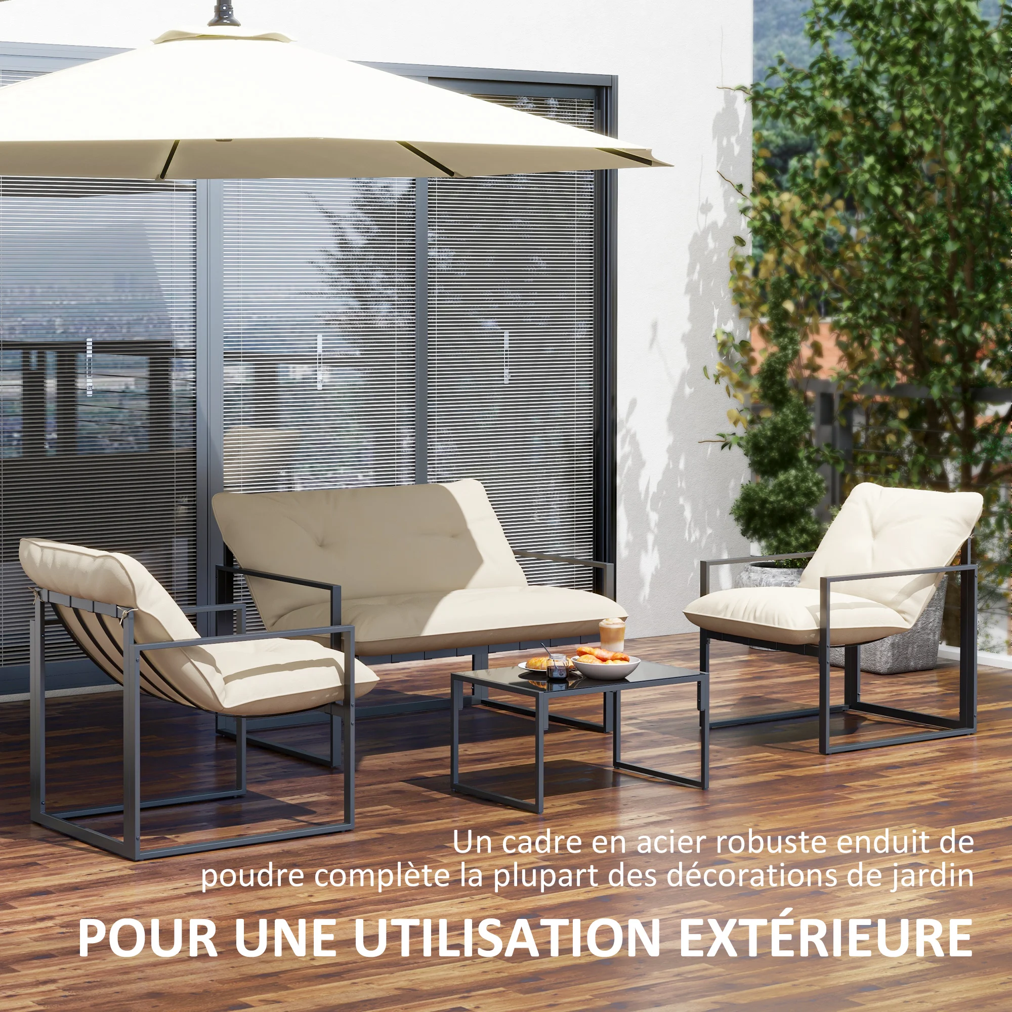 Outsunny 4-piece outside garden furniture for 4 people with 2-seat sofa, 2 armchairs and 1 low table 3 cushions garden furniture for terrace garden-black steel polyester beige - Image 6