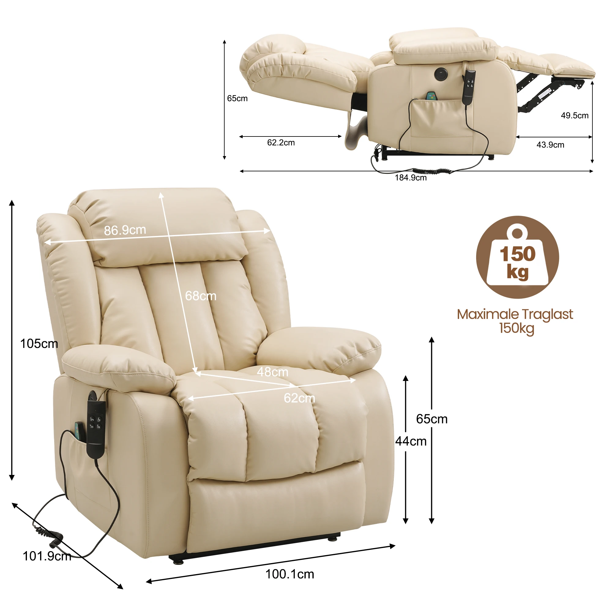 Navivi fauteuil inclinable électrique en cuir avec double moteur, Chaise de massage chauffage, élévateur, range ment - Image 6