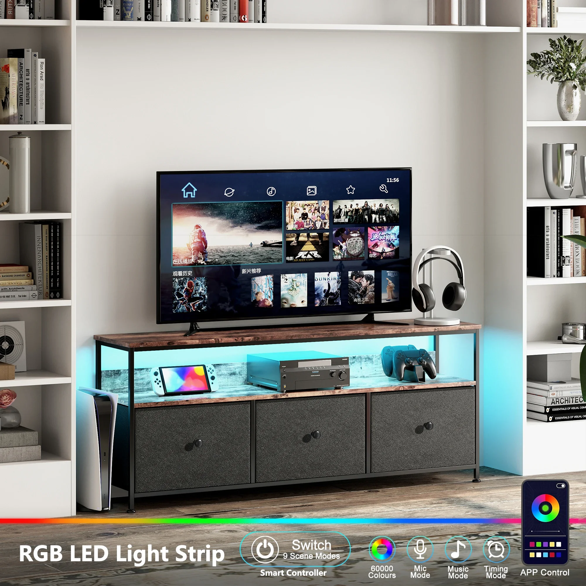 Anajqaqia TV Cabinet, LED Colour Changing TV Cabinet with 3 Drawers, TV Table, with Open Storage Space for Living Room, Bedroom - Image 6