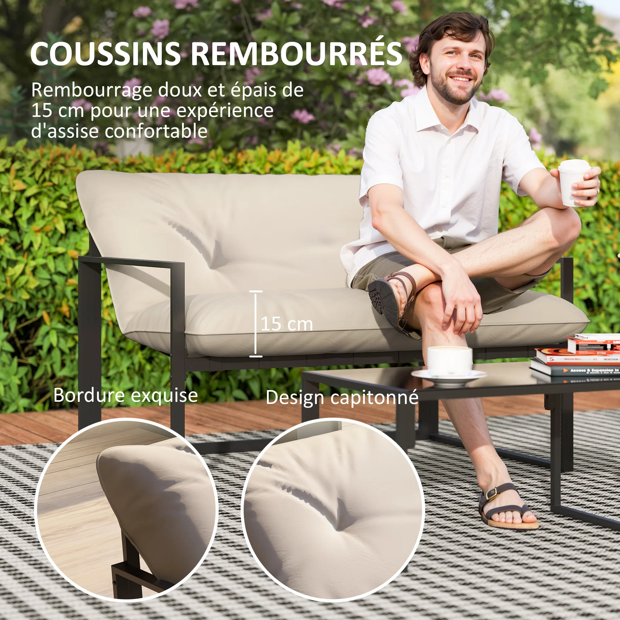 Outsunny 4-piece outside garden furniture for 4 people with 2-seat sofa, 2 armchairs and 1 low table 3 cushions garden furniture for terrace garden-black steel polyester beige - Image 3