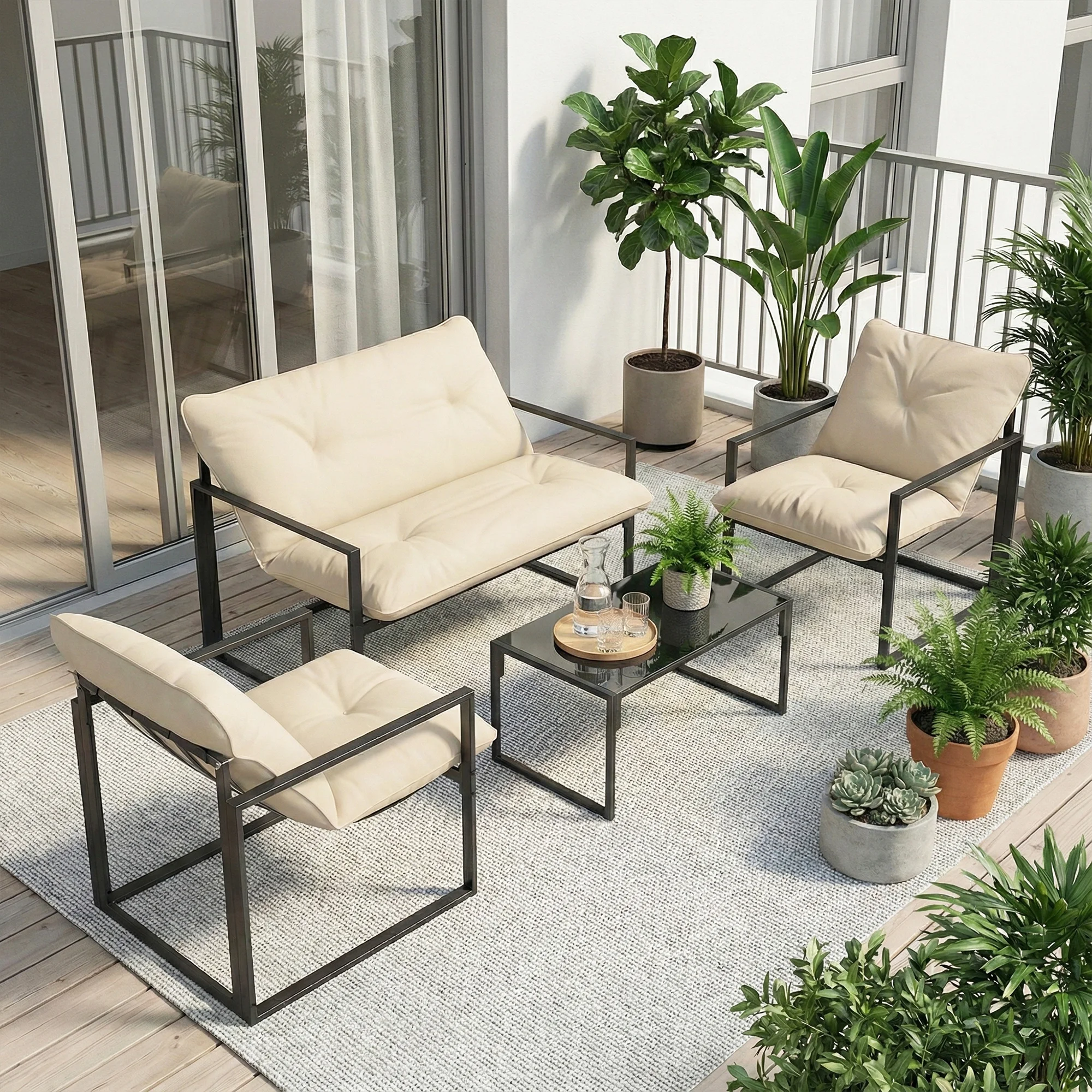 Outsunny 4-piece outside garden furniture for 4 people with 2-seat sofa, 2 armchairs and 1 low table 3 cushions garden furniture for terrace garden-black steel polyester beige - Image 2